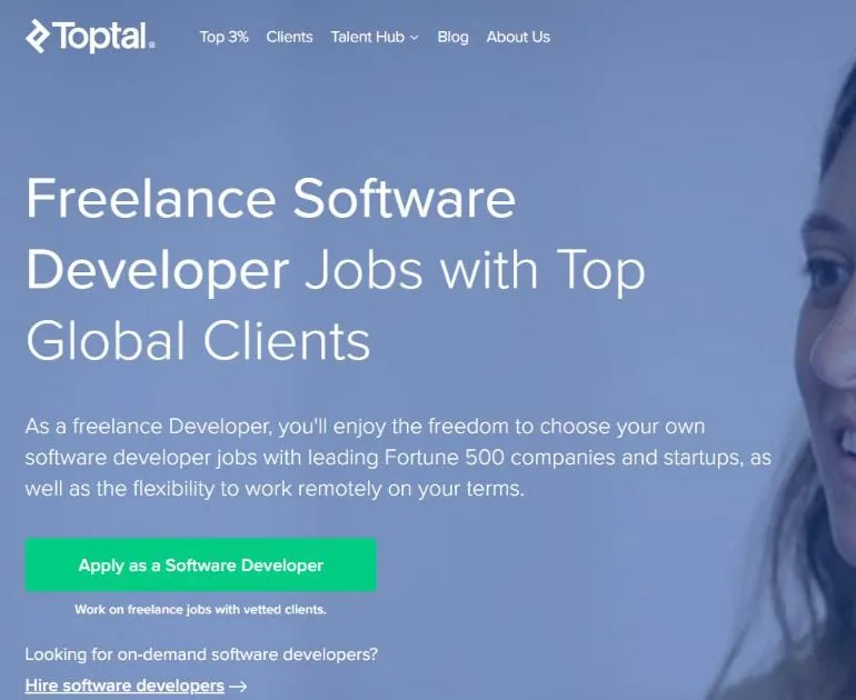 Toptal freelance software developer jobs page with Apply as a Software Developer button