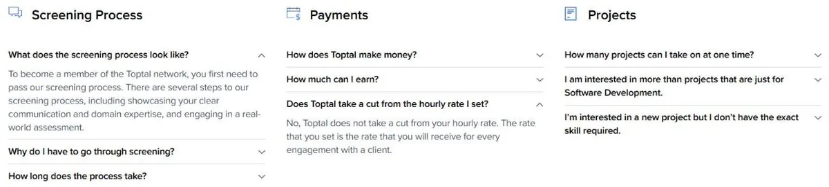 Toptal FAQ explaining its screening process and that it does not take a cut from the hourly rate you set