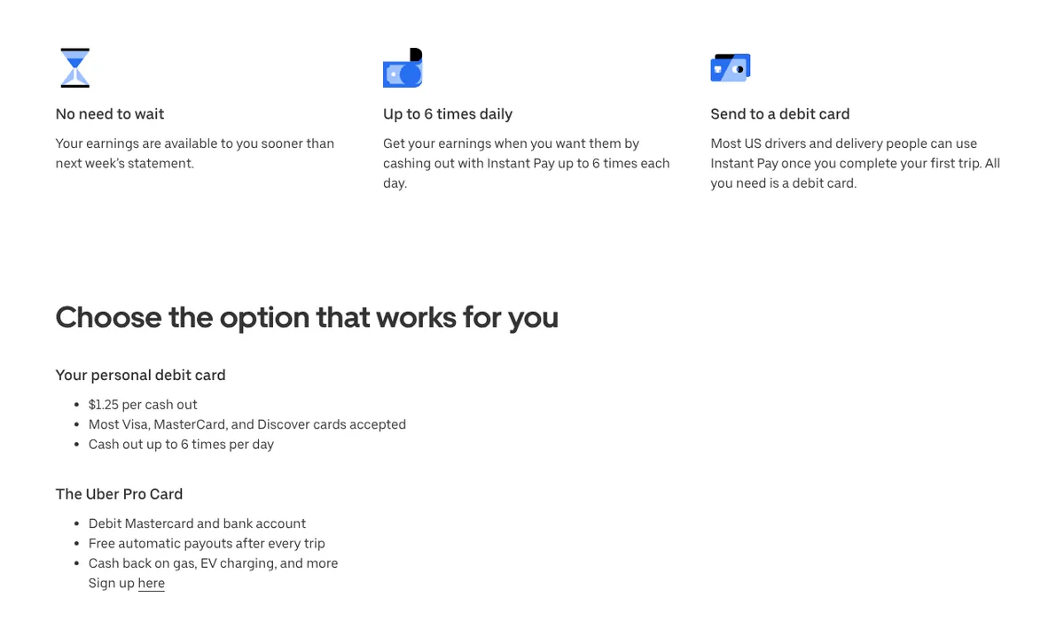 Uber Instant Pay page showing cash out up to 6 times per day for 1.25 dollars per cash out or free with the Uber Pro Card