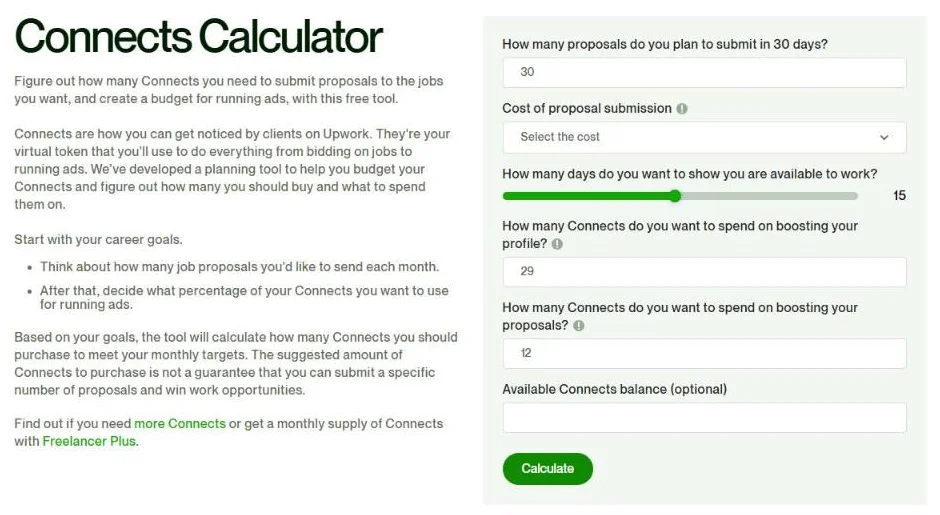 Upwork Connects Calculator page for budgeting proposals, profile boosts and proposal boosts