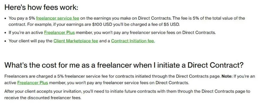 Upwork Help page explaining the 5% freelancer service fee on Direct Contracts and 0% for active Freelancer Plus members