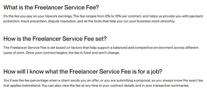 Upwork Help page explaining the Freelancer Service Fee ranges from 0% to 15% per contract