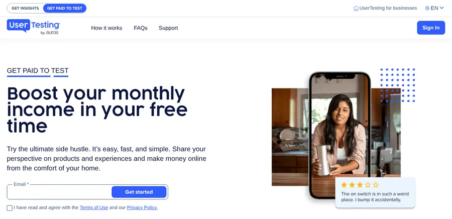 UserTesting get paid to test page inviting people to share feedback on products and earn money online