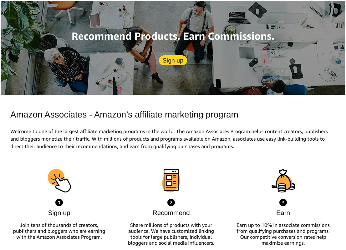 What is affiliate marketing explained through the Amazon Associates program: sign up, recommend, earn