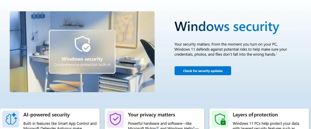 What is antivirus software: Microsoft's Windows security page describing built-in protection in Windows 11