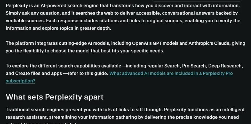 Perplexity vs ChatGPT: Perplexity Help Center describing Perplexity as an AI-powered search engine with cited sources