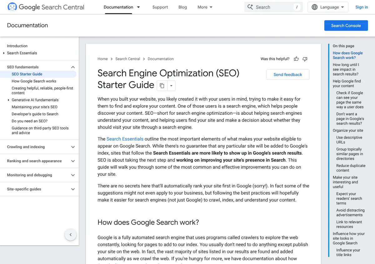 What is SEO: Google Search Central SEO Starter Guide page explaining search engine optimization