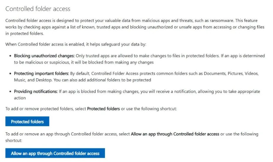 Microsoft Support explanation of controlled folder access ransomware protection in Windows Defender