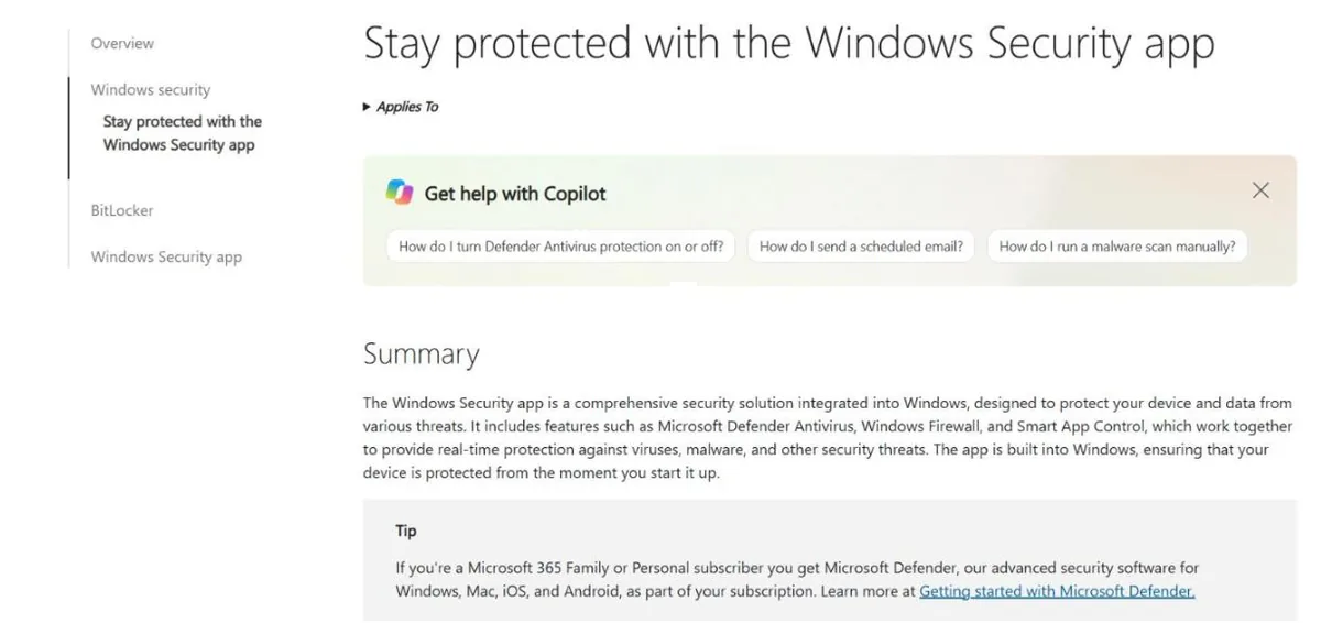 Microsoft Support page explaining the Windows Security app with Microsoft Defender Antivirus, Windows Firewall and Smart App Control