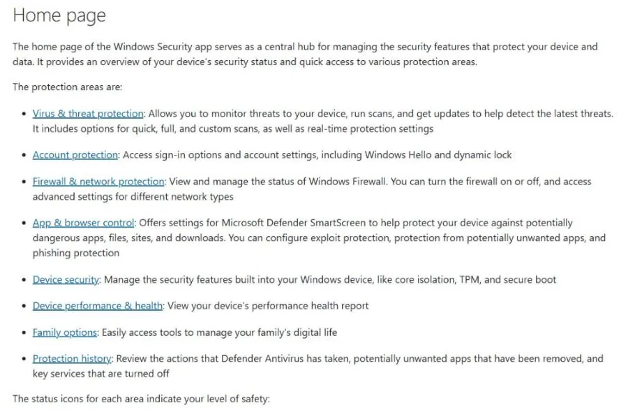 List of Windows Security protection areas including virus and threat protection, firewall, app and browser control and device security