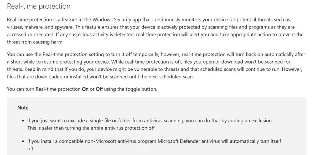 Microsoft Support page explaining Windows Security real-time protection and Defender turning off when another antivirus is installed