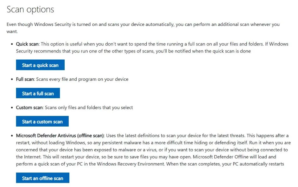 Windows Security scan options: quick scan, full scan, custom scan and Microsoft Defender offline scan