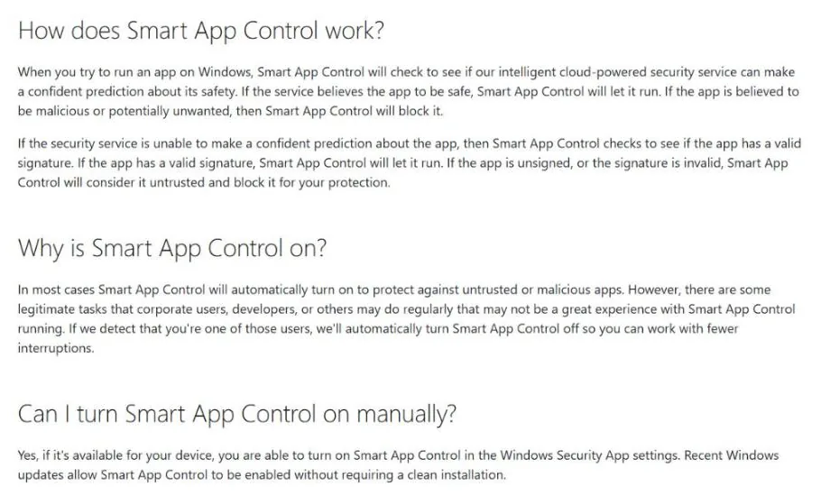 Microsoft Smart App Control FAQ explaining how it blocks untrusted apps on Windows