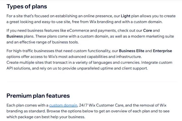 Wix Help Center Premium Plan Overview explaining that paid plans add a custom domain and remove Wix branding