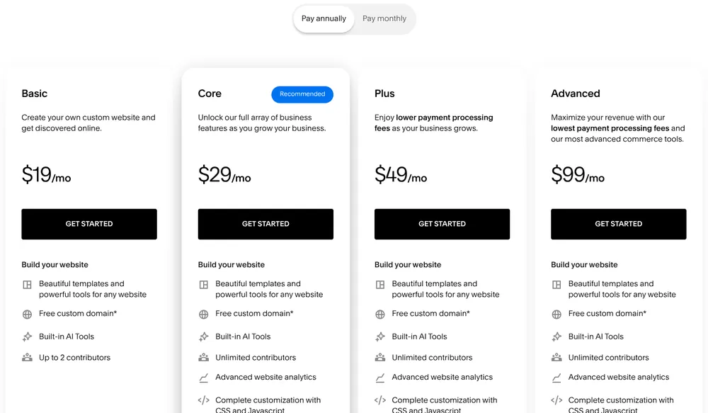 Squarespace pricing page with Basic $19, Core $29, Plus $49 and Advanced $99 per month on annual billing