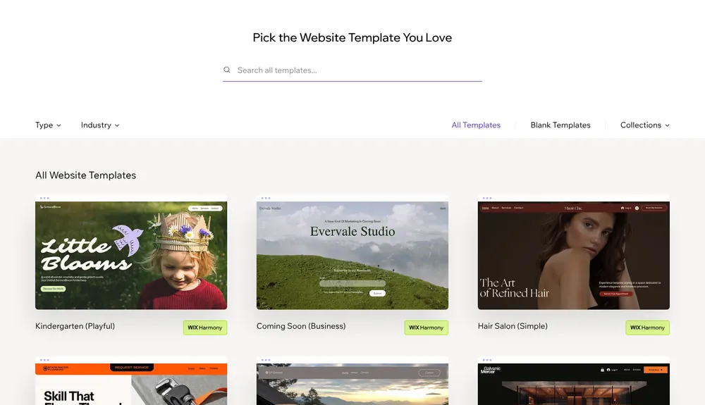 Wix website templates gallery with filters by type and industry